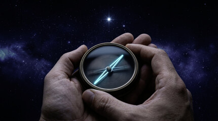Hands holding glowing compass under starry night sky navigation exploration guidance hope adventure cosmic direction futuristic