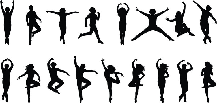 Black silhouette set of dancers performing ballet modern jazz and contemporary dance moves isolated on a white background vector illustration