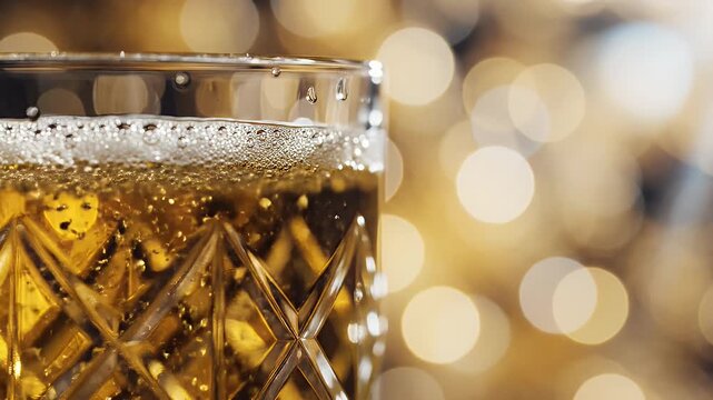 Close-up of golden beer with bubbles in a glass, perfect for celebration.