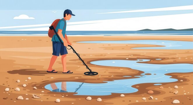 Young man searches for buried items using a detection device on a sandy shore near the ocean
