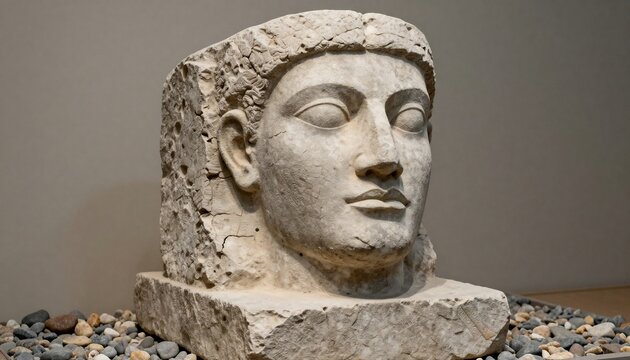 Ancient Stone Sculpture of a Human Head with Detailed Features.