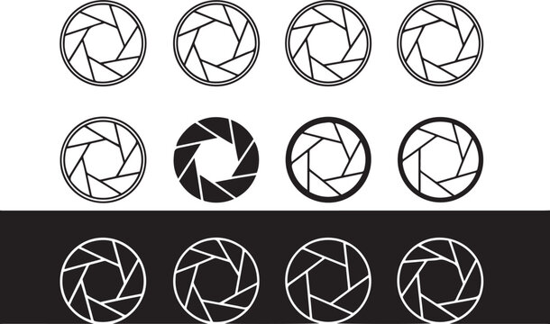 Collection of camera aperture in black and white diaphragm iris lens symbol