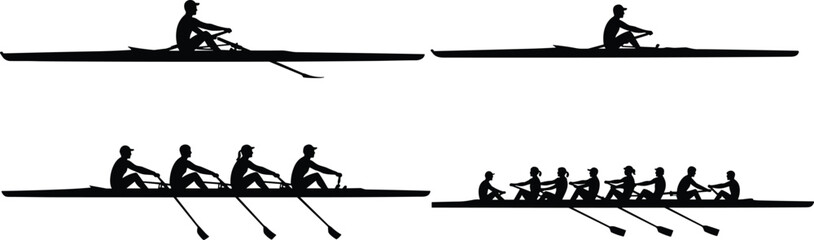 Black silhouettes of rowing teams and solo scullers competing in boats with oars on isolated white background for sports design. © MD