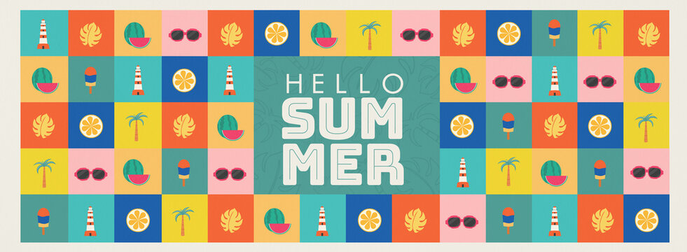 Summer theme with colorful tropical icon grid and bold &ldquo;Hello Summer&rdquo; text, ideal for posters, banners, social media, ads, web headers, invitations, and seasonal promotional designs.