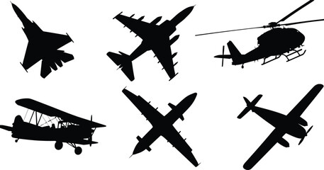 Collection of six diverse aircraft silhouettes, black vector icons of fighter jets, vintage biplanes, and helicopters isolated on white. © Only