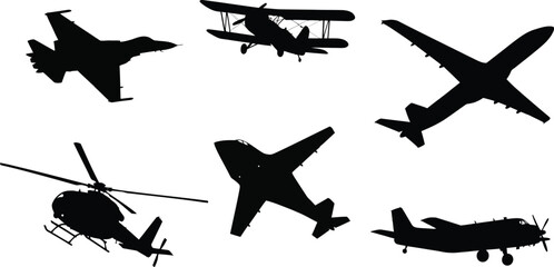 Collection of six diverse aircraft silhouettes, black vector icons of fighter jets, helicopters, and vintage biplanes isolated on white. © Only
