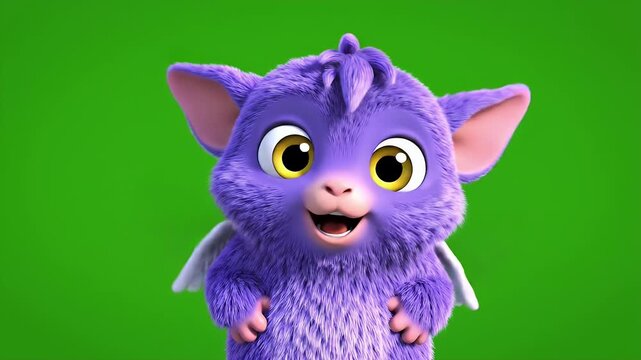 A cute purple creature animation looking happy on a green screen.