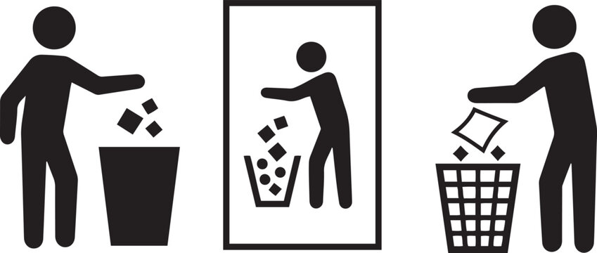 Three black silhouette of people throwing trash into bins garbage waste 1 disposal