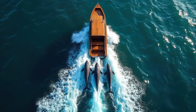 Aerial view of three dolphins swimming closely behind wooden boat. Marine mammals surf boat wake in blue ocean water. Dynamic scene shows speed and playful nature of animals.