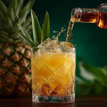 Golden rum cocktail pouring into glass with pineapple garnish and ice in moody lighting