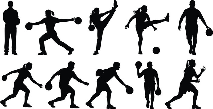 Collection of black silhouettes of people playing basketball and bowling in various active poses isolated on white background for sports