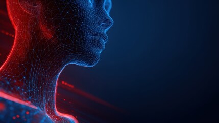 Obraz premium A striking image of a cybernetic silhouette of a person, its profile bathed in hues of vibrant red and blue. ..Created with Generative AI, not depicting real subjects.