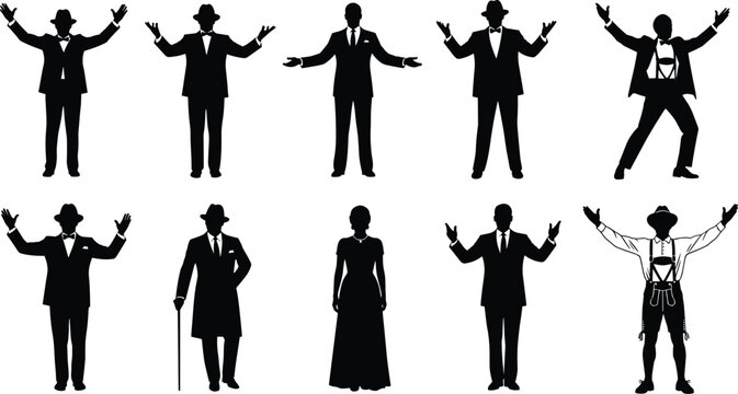 Collection of formal men and women silhouettes in suits tuxedos and vintage costumes with arms raised for theater stage performance