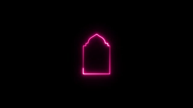 Glowing neon Islamic text frame icon animation on the black background. 4k video animation.