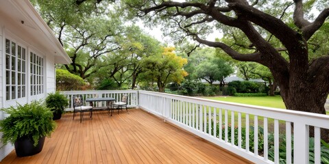 Fototapeta premium Wooden deck with white railing overlooking green backyard