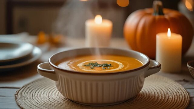Steaming bowl of pumpkin soup on a festive autumn table