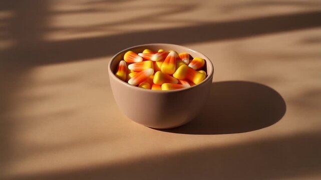 Bowl of candy corn on a table with warm light