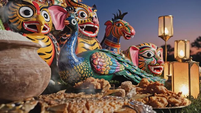 Vibrant close-up of traditional bengali masks and hilsha fish celebrating pohela boishakh at twilight.
