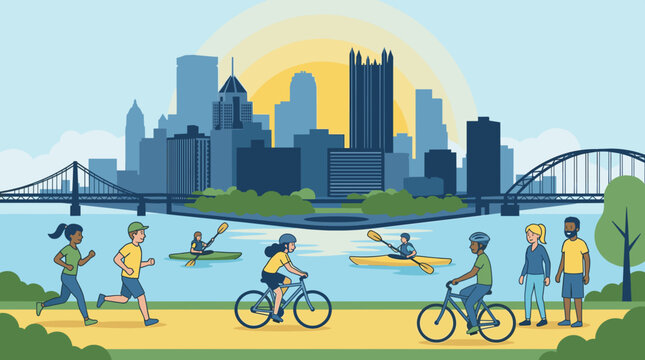 Vibrant Pittsburgh Park Activity Vector Skyline with Runners, Cyclists, Walkers, Kayakers, and a Black Bow Bridge under a Golden Sky.