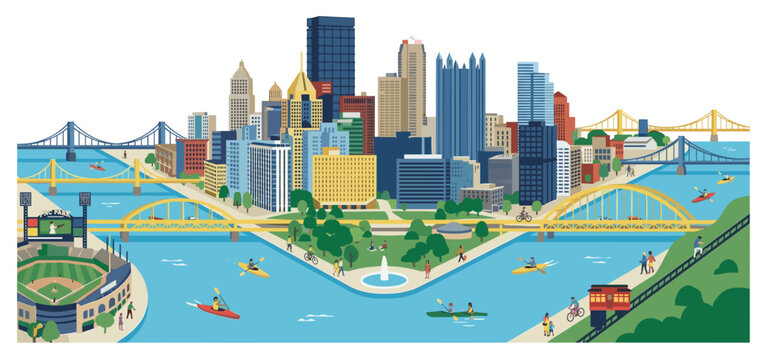 Unique Elevated Vector Illustration of Pittsburgh Skyline activity over Point State Park Fountain, Baseball Stadium, Multiple Bridges and River Kayaking.