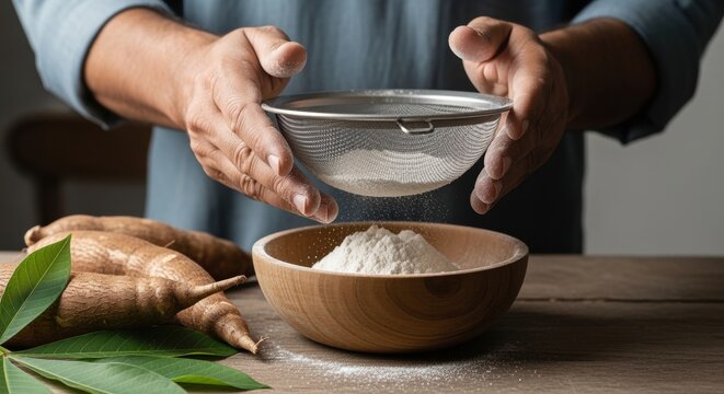 Hands sifting flour over wooden bowl with cassava root rustic kitchen