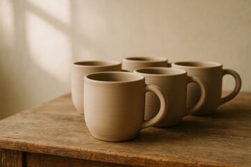 Fototapeta premium Ceramic mug set arranged on wooden table minimalist rustic
