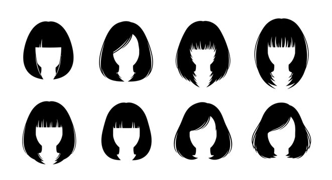 Six different women s hairstyles displayed as black silhouettes on transparent background