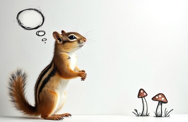 Obraz premium Chipmunk stands upright with paws together, looking up at a thought bubble. Small cartoon mushrooms are nearby. The rodent is isolated on a clean white background.