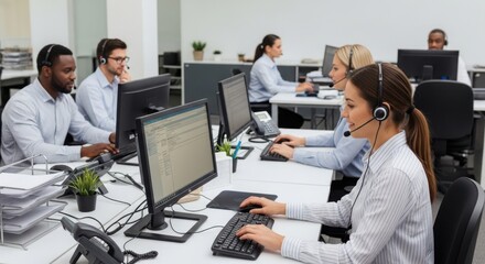 Obraz premium Customer service representatives working at a call center with computers and headsets