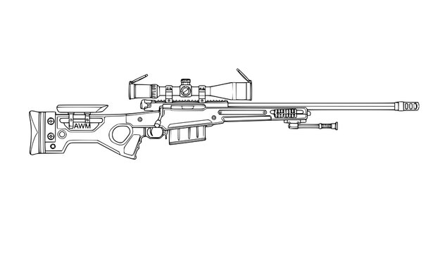 AWM sniper rifle outline vector illustration detailed line art weapon blueprint style isolated on white