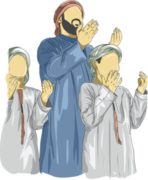 Two children and a father wearing Muslim attire, praying to their God with devotion