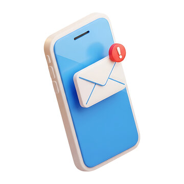 A 3D blue smartphone with a white envelope and red alert badge represents urgent mobile email notification and message
