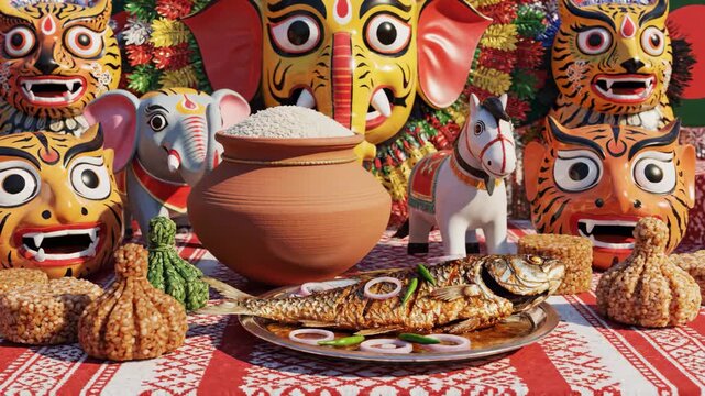 Vibrant pohela boishakh celebration with traditional bengali hilsha fish, rice, and masks.