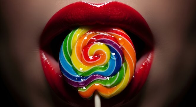 Glossy red lips parting to reveal a vibrant, swirled rainbow lollipop, glistening with sweet