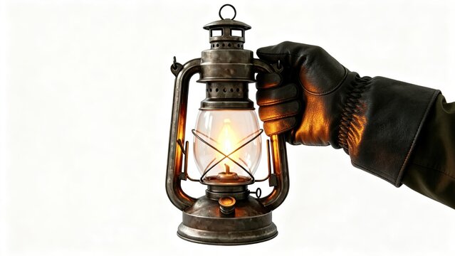Hand in leather glove holding vintage oil lantern with warm light isolated on white background symbolizing guidance warmth safety survival and nostalgic adventure in dark or emerge