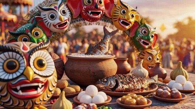 Vibrant pohela boishakh celebration showcasing traditional bengali masks, hilsha fish, and festive food.