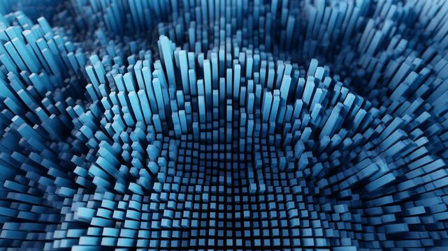 An abstract, detailed 3D rendering of countless vertical rectangular shapes, forming an undulating surface in shades of blue