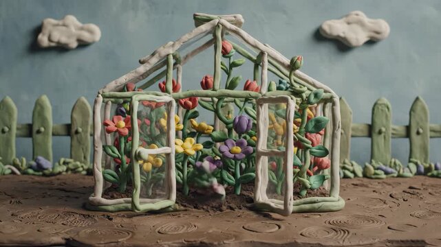 A beautiful handmade greenhouse made of white clay filled with colorful plasticine flowers blooming and growing. A charming stop motion scene set in a miniature garden.