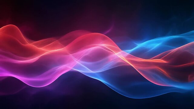 An abstract, flowing design with waves of light in colors of red, pink, purple, and blue against a dark, undefined background. The light gives an ethereal feel