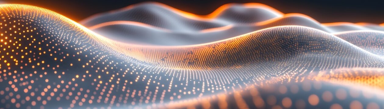 Illuminated digital points form an undulating surface receding into the background.