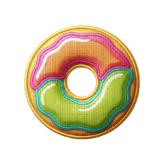 Obraz premium Embroidered donut patch with vibrant orange and green icing separated by pink and blue outlines.