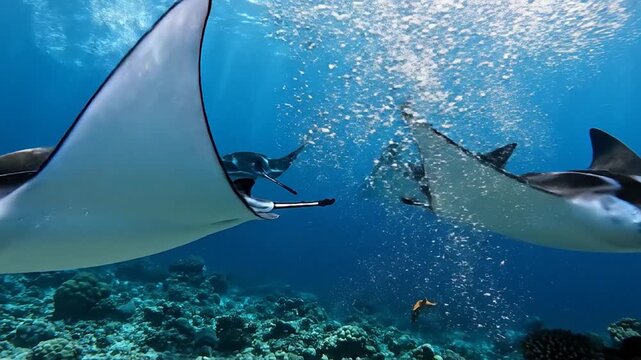 Several large aquatic creatures swim gracefully through clear blue ocean water