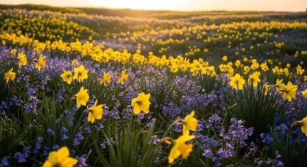 Obraz premium Vibrant field of daffodils and purple flowers.
