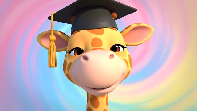 Graduated Giraffe Wearing Cap Smiling.