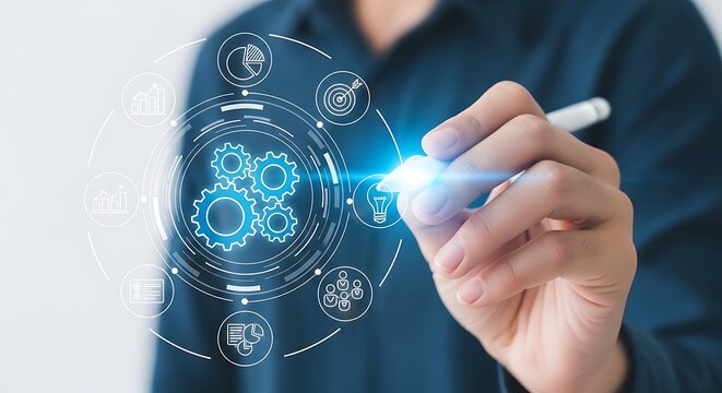 Hand interacting with digital business process optimization interface
