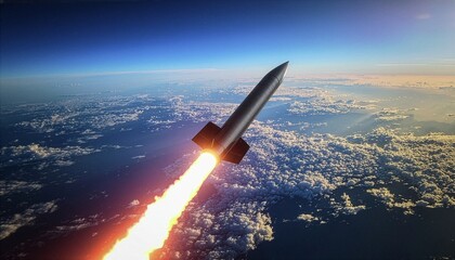 Naklejka premium Powerful ballistic missile launching into the stratosphere over Earth. Cinematic view of a sleek rocket with a glowing fire trail. Advanced aerospace defense and military technology.
