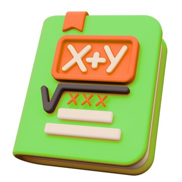 Green math book 3d icon with algebra equations and square root symbol for educational learning app