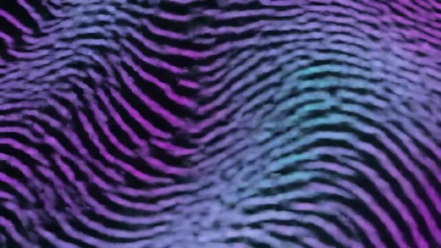 An abstract image features a flowing, striped pattern with a gradient of colors from purple to teal and blue. The design is soft and blurred