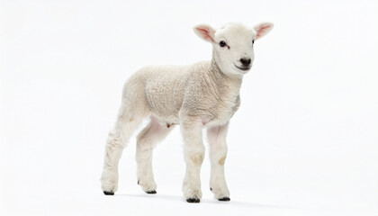 Fototapeta premium A lamb stands alone on a white background, looking directly at the camera with a calm expression.
