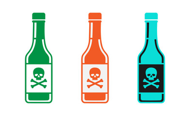 bottles with skull and crossbones labels in different colors
